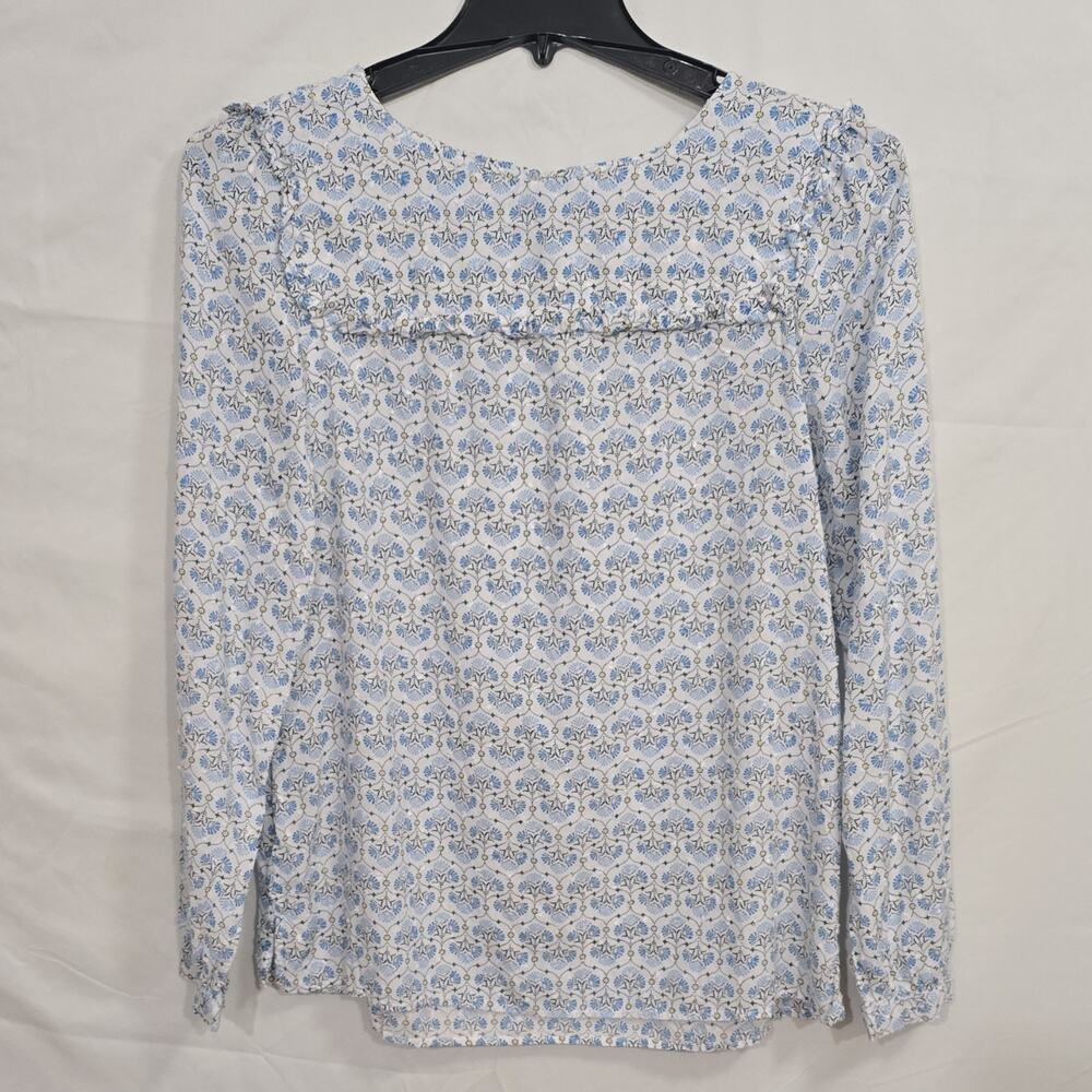 LOFT Womens L Blue White Floral Ruffle Long Sleeve 100% Rayon Blouse
